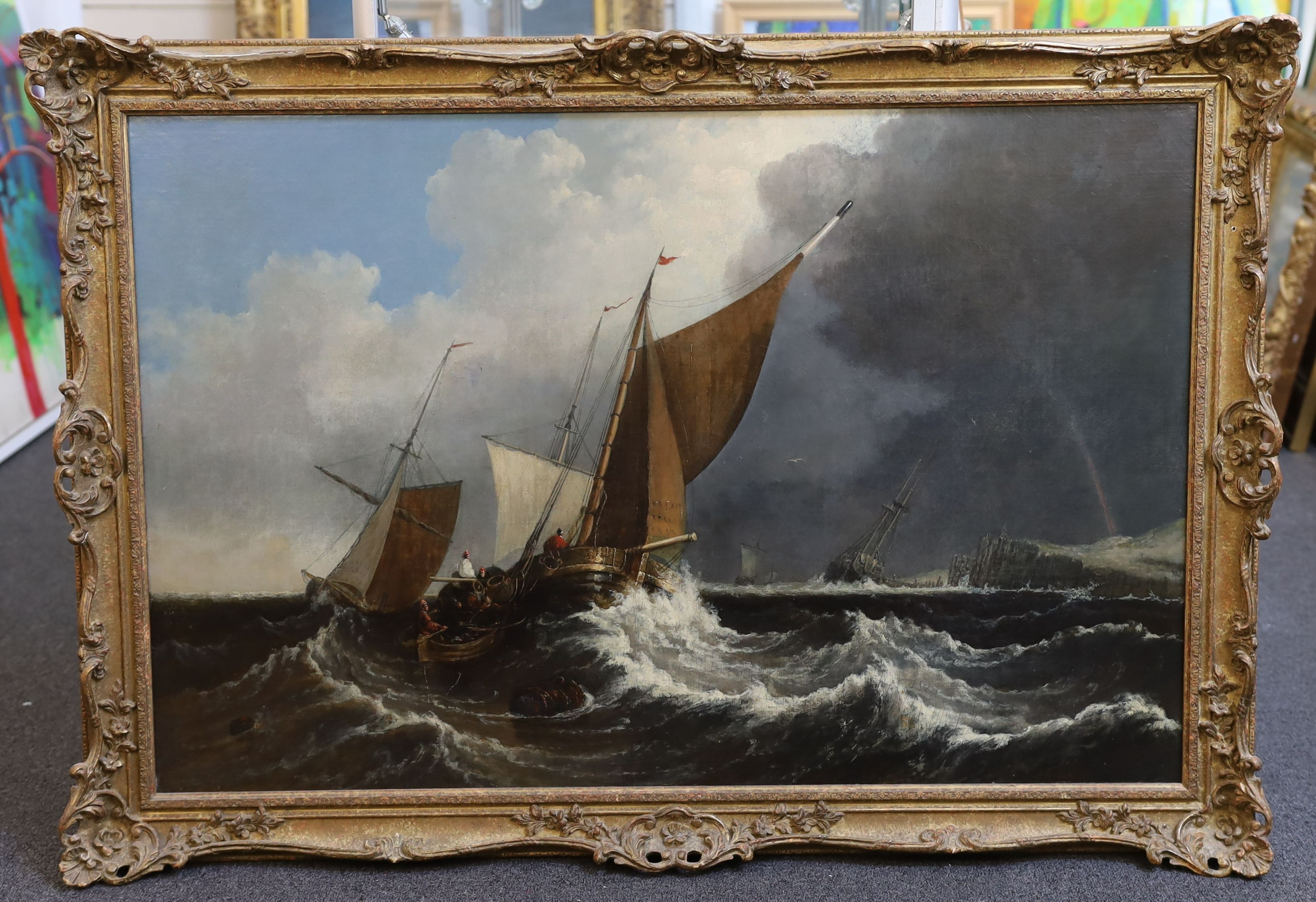 Manner of Clarkson Stanfield (1793-1869), Shipping off the coast in a rough sea, oil on canvas, 69 x 105cm